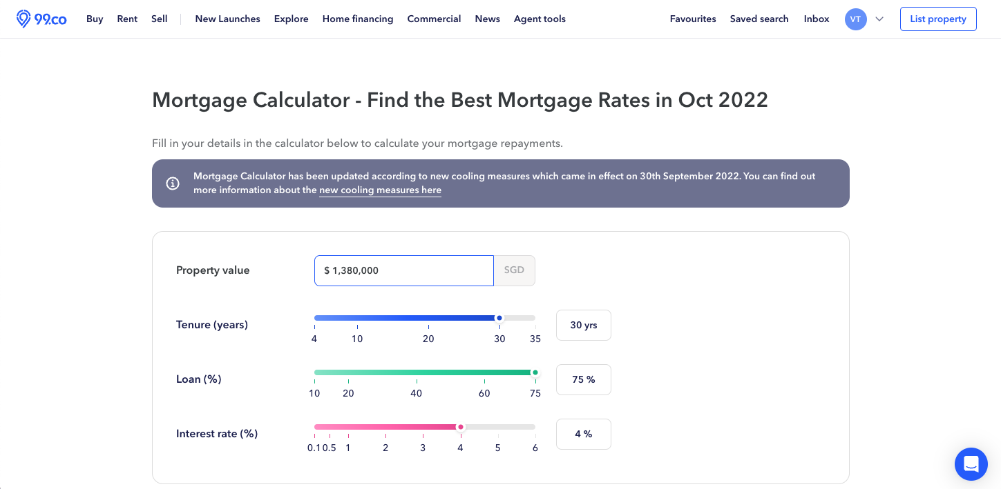 99.co mortgage calculator to calculate mortgage for OCR condo