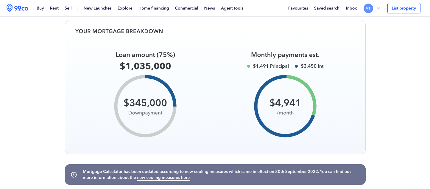 99.co mortgage calculator to calculate mortgage for OCR condo