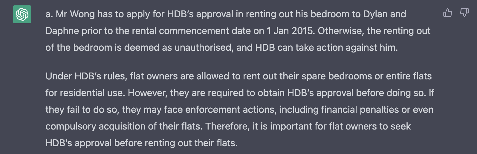 chatgpt RES question on renting out HDB flat