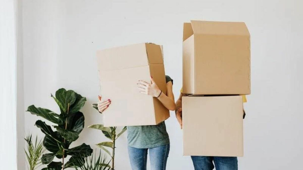 two people carrying boxes