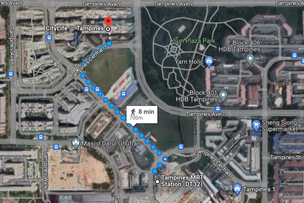 distance and time taken from citylife tampines to mrt