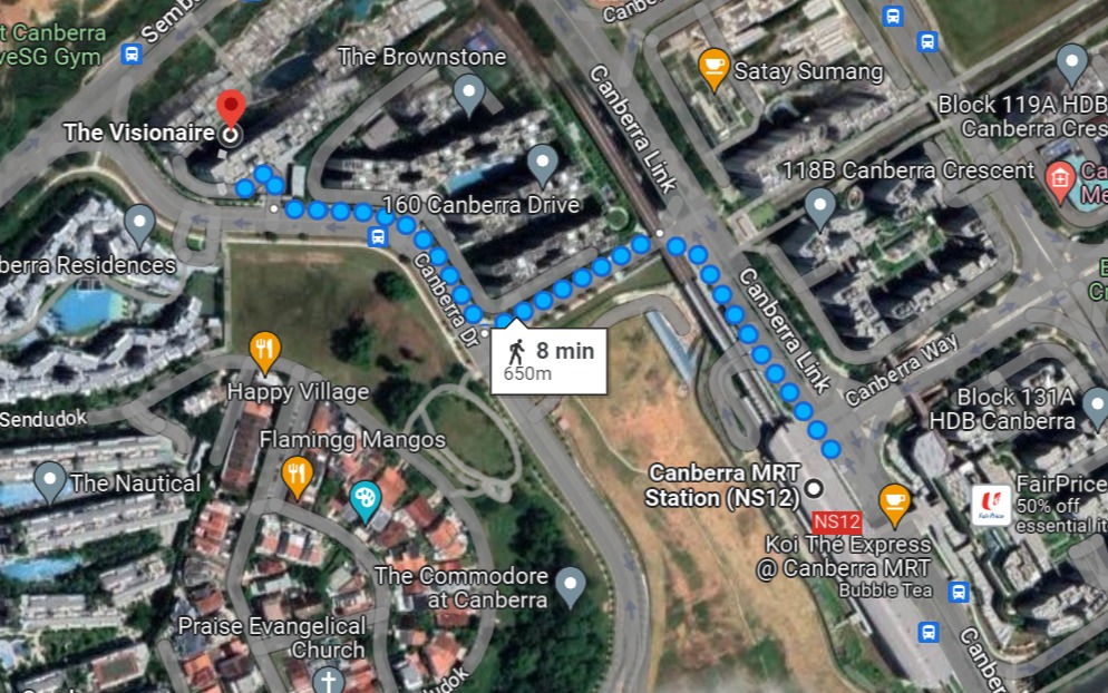 distance from the visionaire to canberra mrt