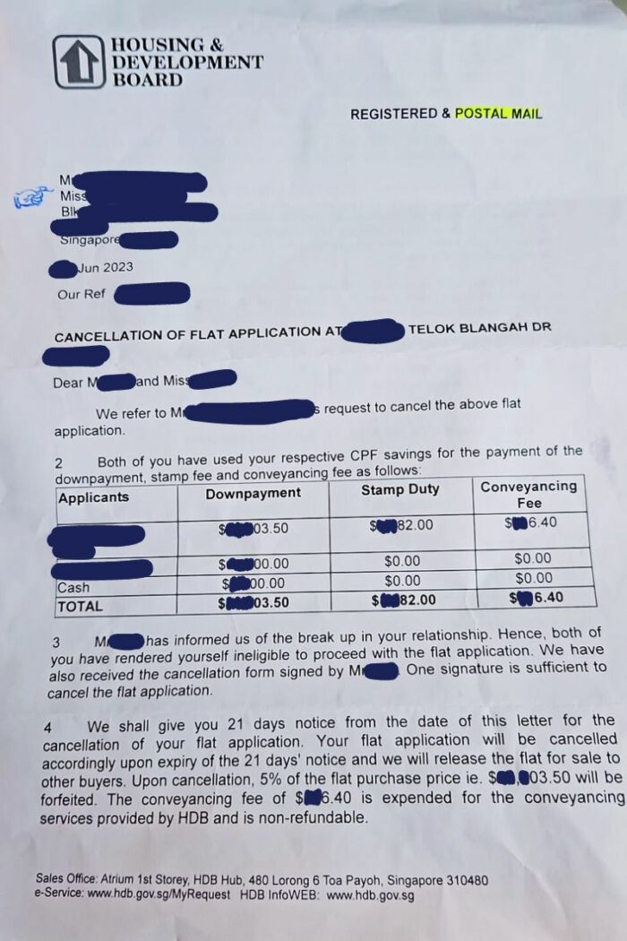 HDB BTO buyer cancellation letter from HDB