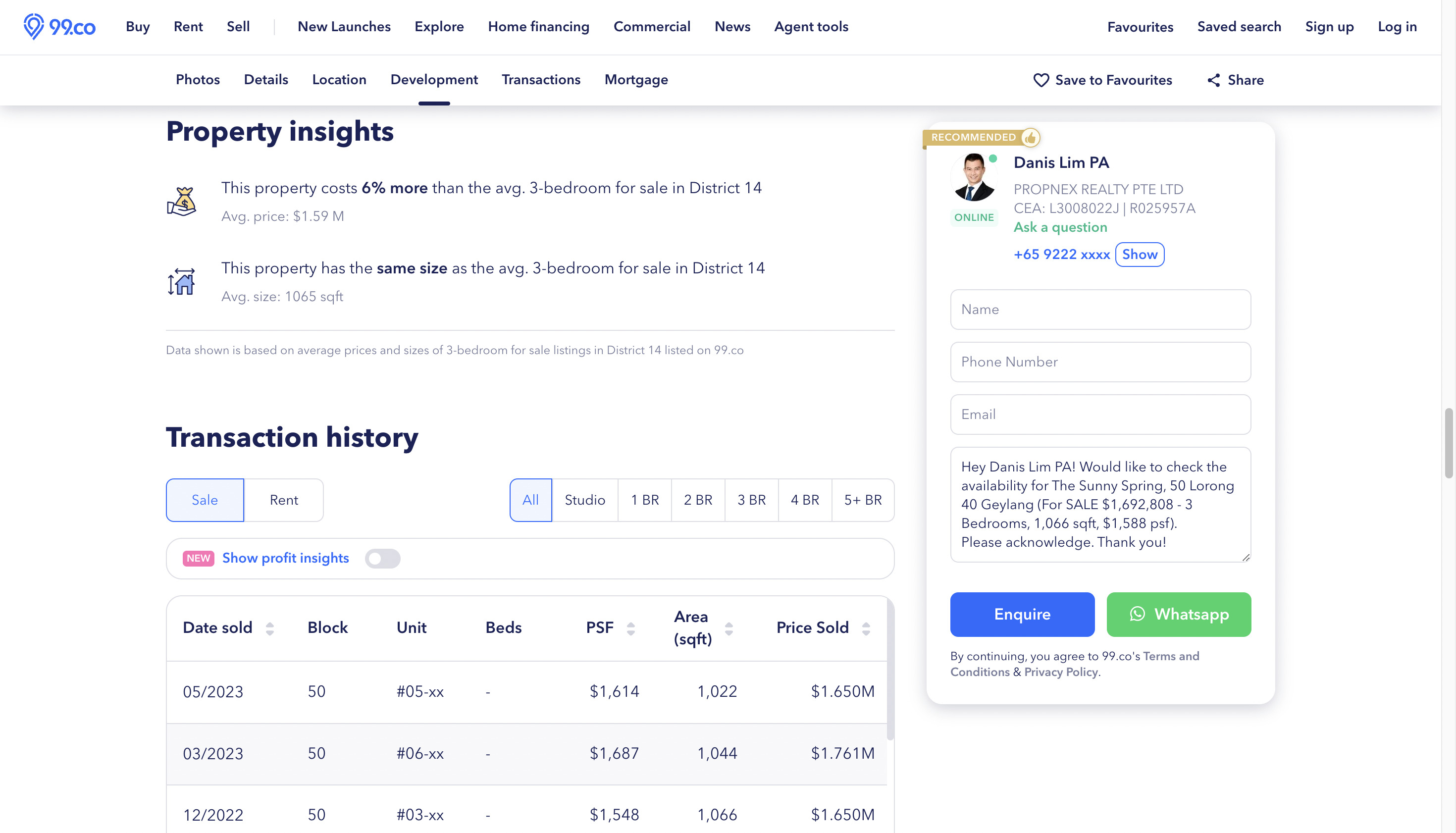 price insights of a listing on 99.co