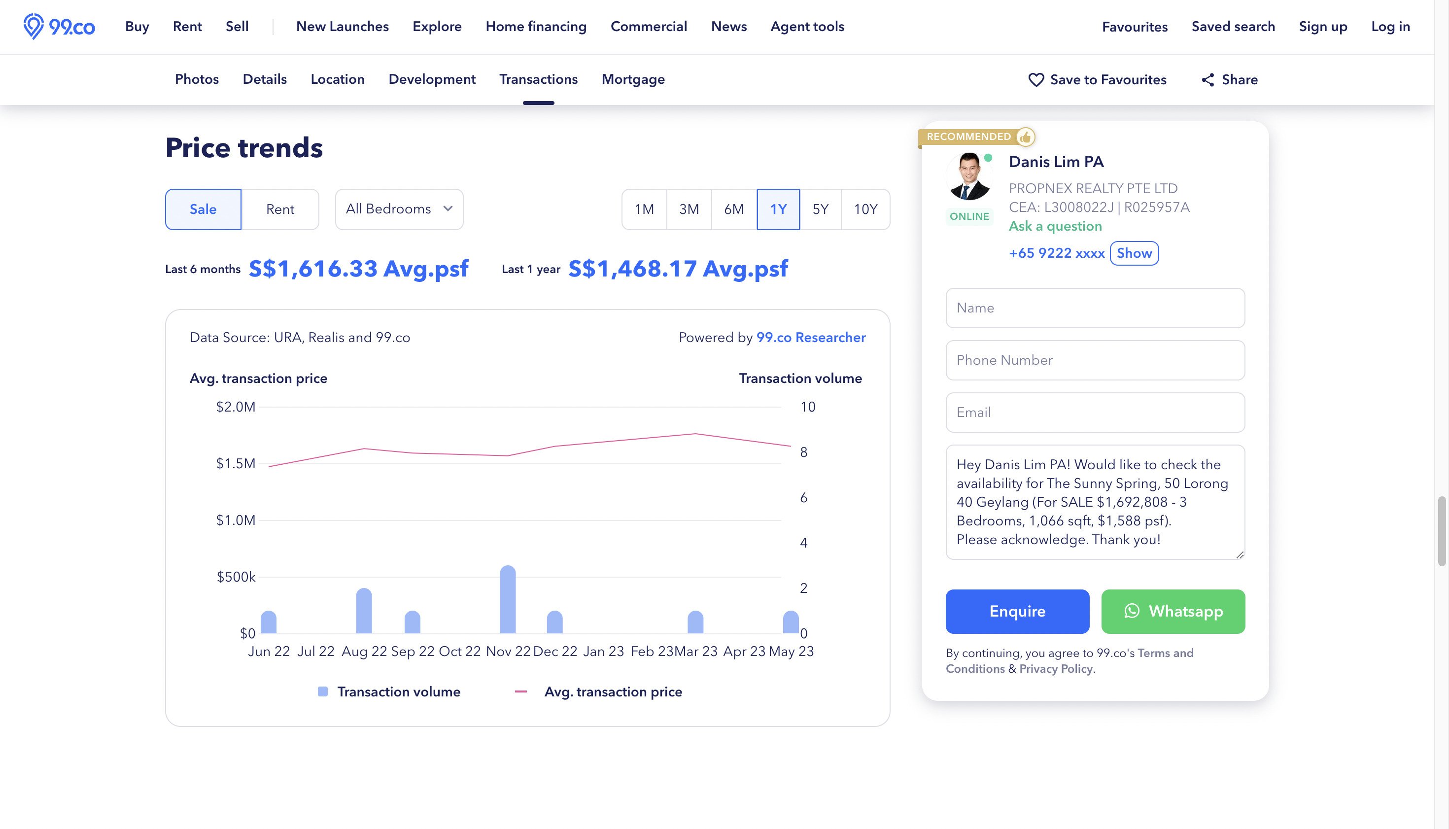 price insights of a listing on 99.co