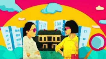 Collage image two women dispute over house