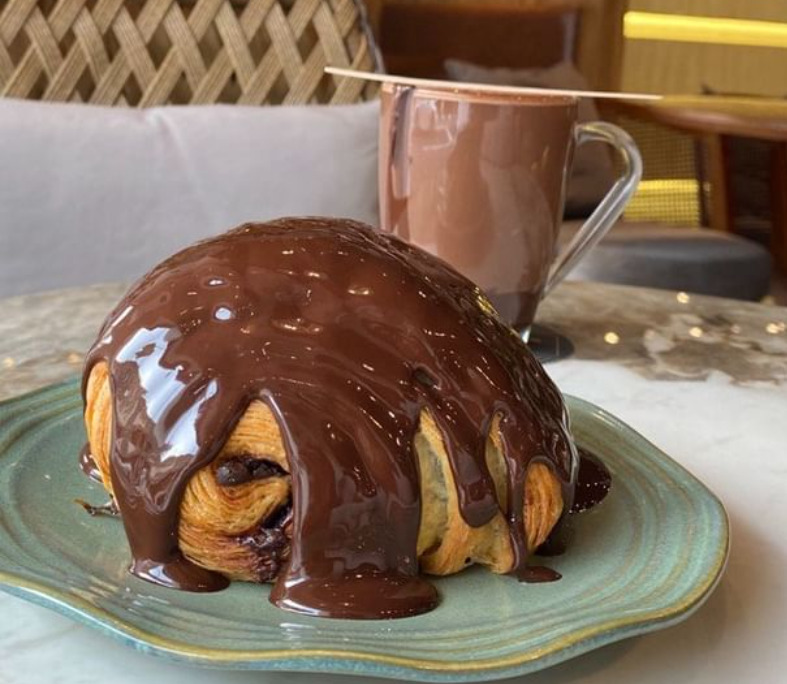 Chocolate Danish with chocolate pour at Awfully Chocolate