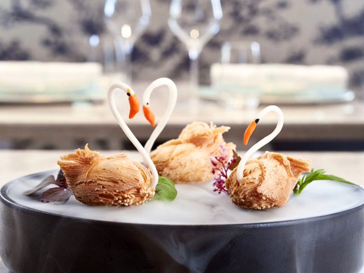 Swan-shaped Durian Pastries at Yi by Jeremy Leung. 