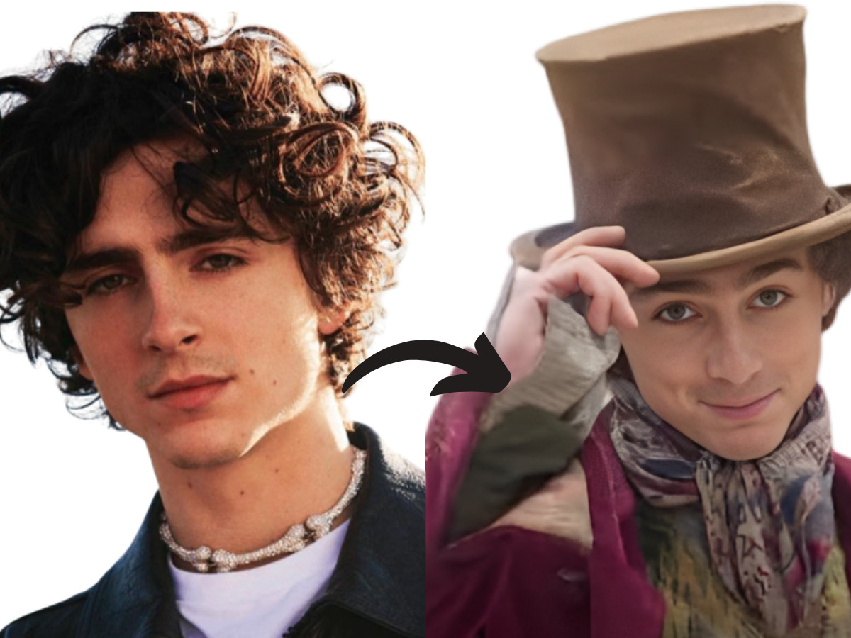 And image of Timothee Chalamet and the actor as Willy Wonka