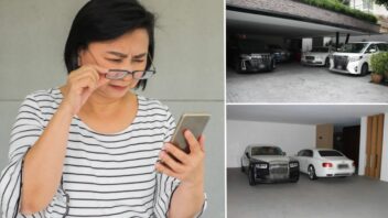 old woman looking at phone in disbelief and GCBs in money laundering case