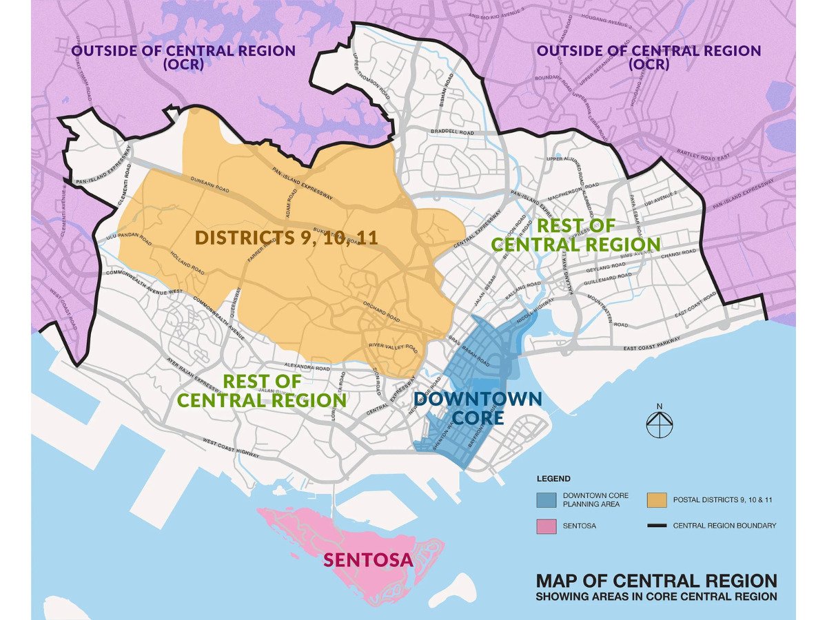 Map of Singapore’s districts. This includes the Core Central Region (CCR), Rest of Central Region (RCR), and Outside Central Region (OCR). 