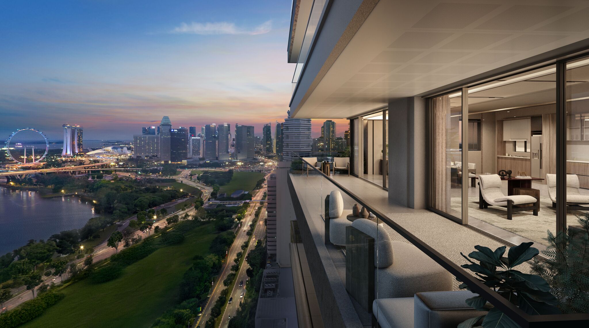 The balcony of the Sky Villa units in Aurea offers a panoramic view of Marina Bay.
