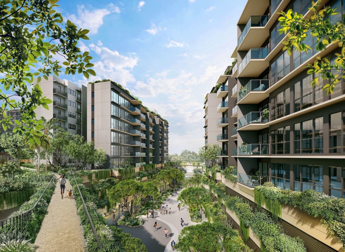 Parktown Tampines features a 15m-wide pedestrian walkway, keeping the park experience intact throughout the whole site.