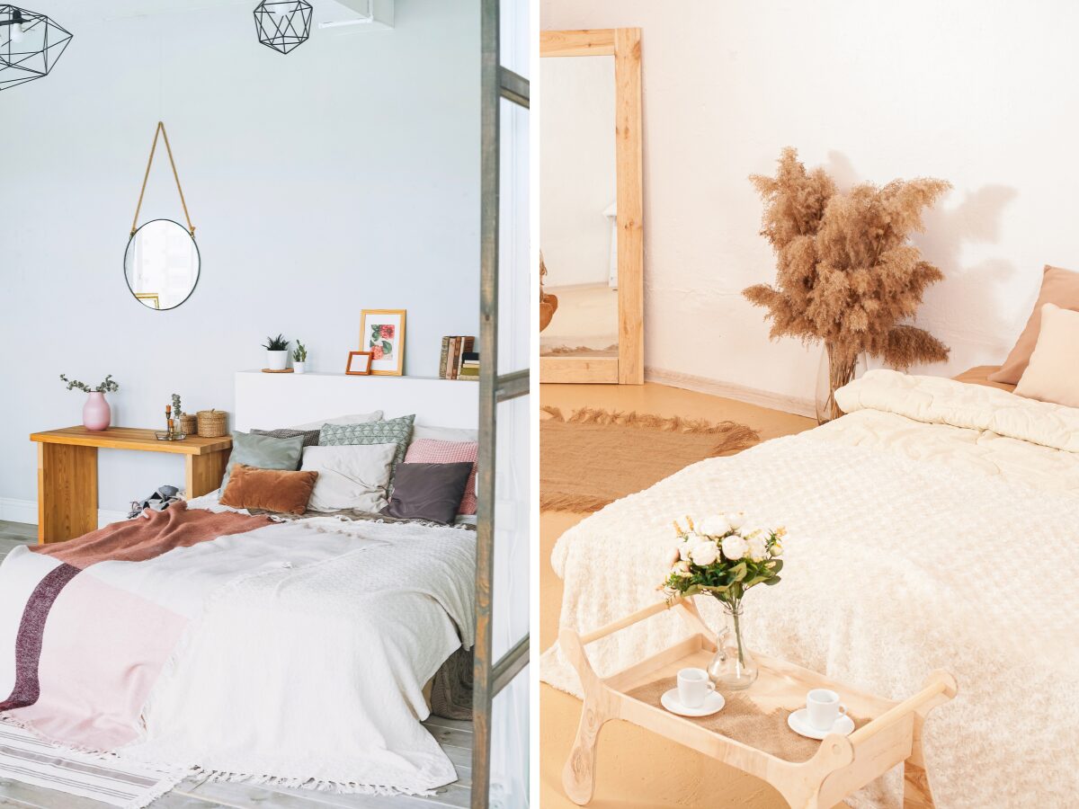 scandinavian hdb room design with pastel and brunt orange colours