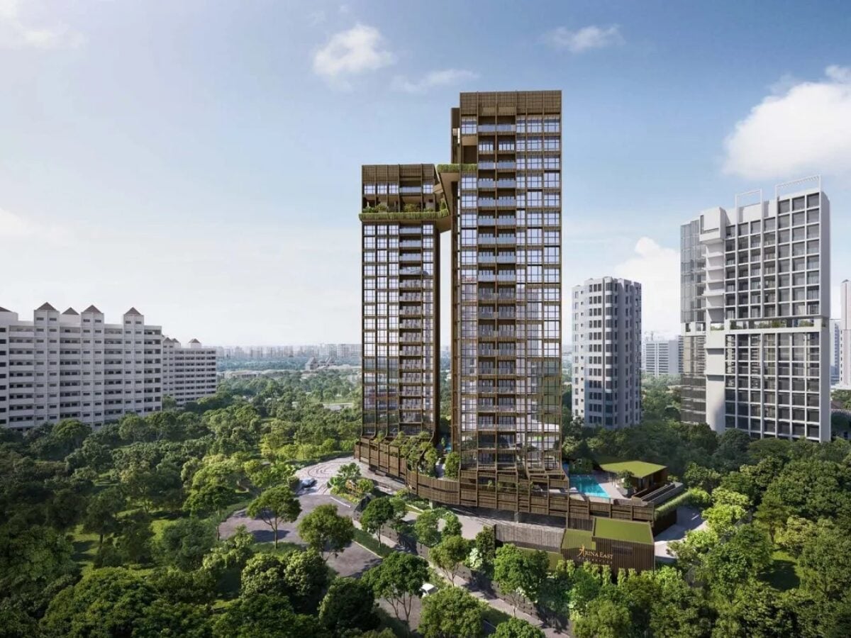artist impression of an aerial view of arina east residences
