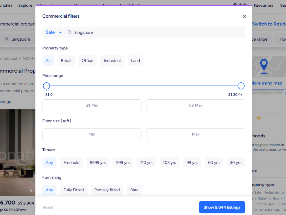 screengrab of 99.co's filter page