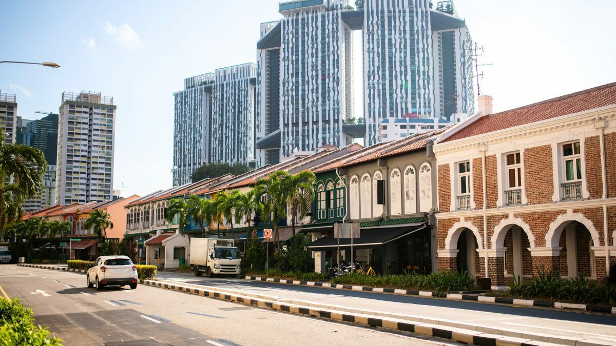 Street with architecture in a colonial style in Singapore with Pinnacle @ duxton in view