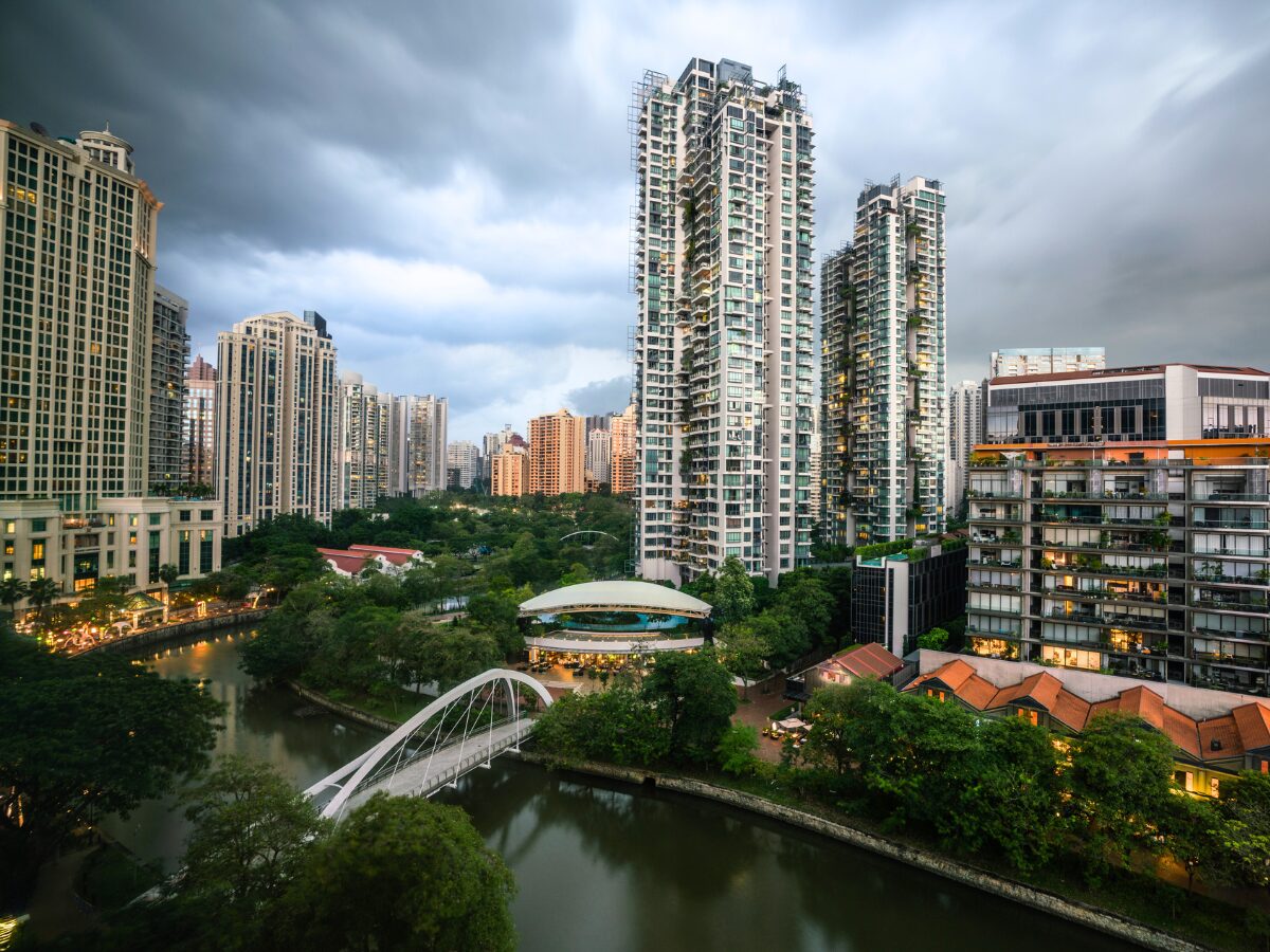 Singapore aerial river view and robertsan quay and bridge with overcast stormy weather