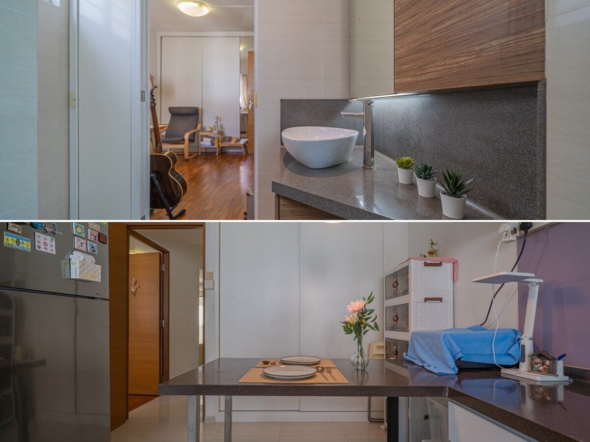 Bathroom, bedroom area and kitchen within the flat’s separate 1-bedroom living space.